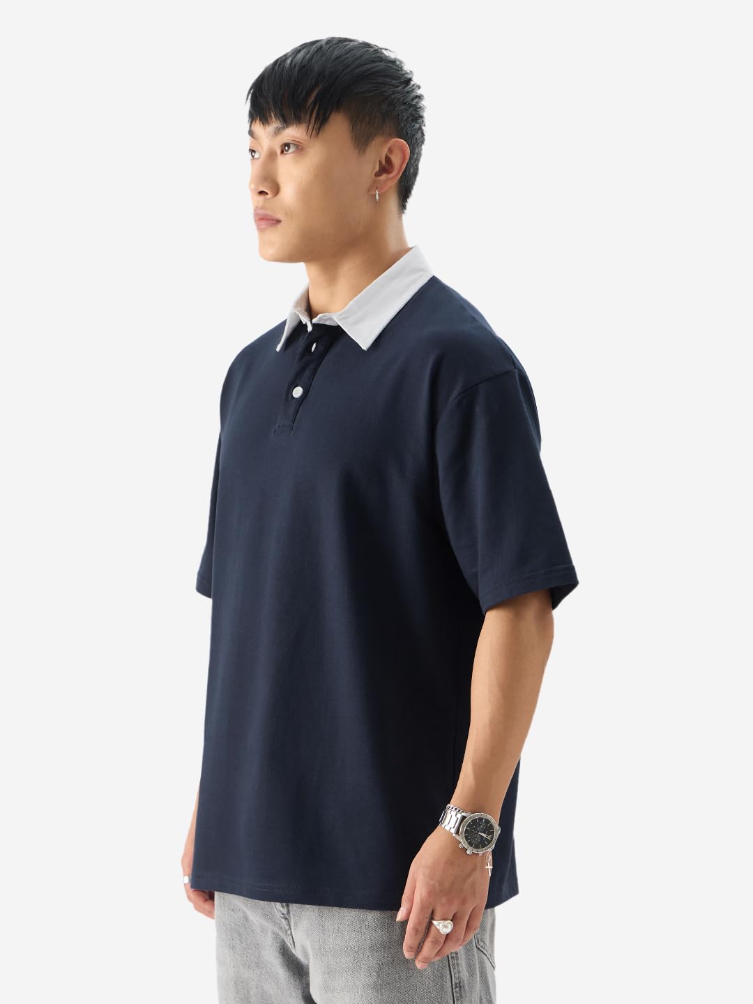The Souled Store Solids :Navy Blue Men and Boys Short Sleeves Collared Neck Cotton Blend Oversized Polos