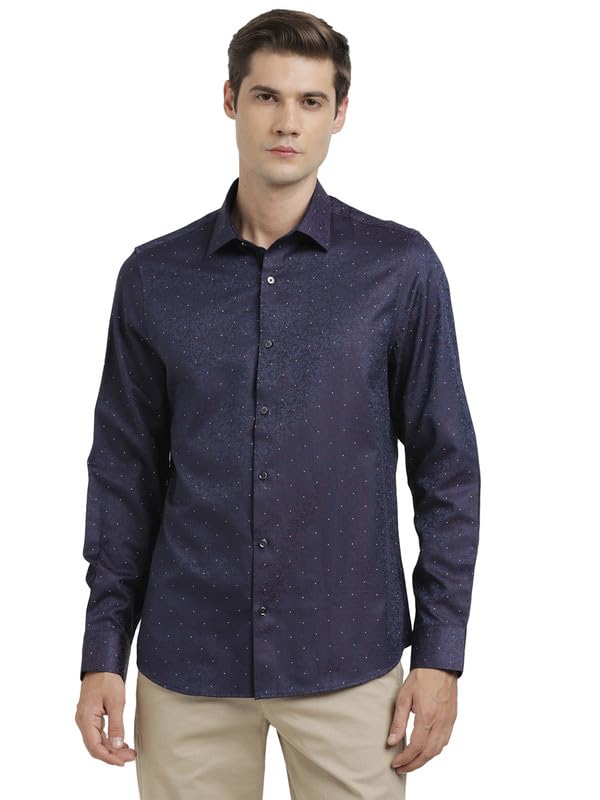 Turtle Men Poly Cotton Slim Fit Purple Self Design Full Sleeve Party Shirt