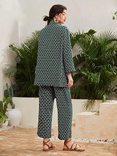 Greciilooks Women Co Ord Set| Geo Print Button Front With Wide Leg Pants| Long Sleeve Shirt| Straight Geo Printed Pant| Women Tw