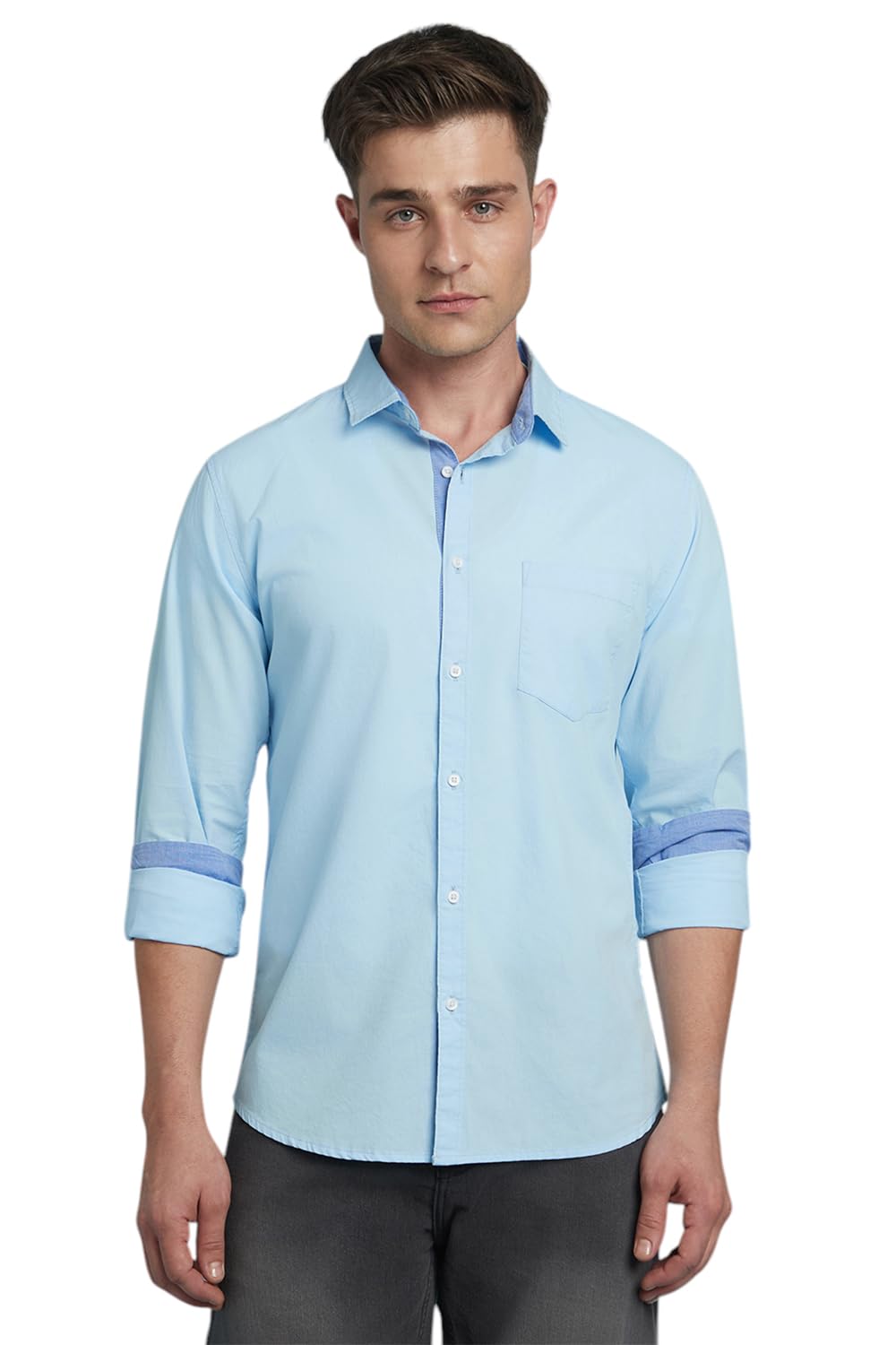 Dennis Lingo Men Solid Spread Collar Full Sleeves Regular Fit Casual Shirt Light Blue