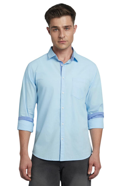 Dennis Lingo Men Solid Spread Collar Full Sleeves Regular Fit Casual Shirt Light Blue