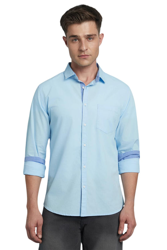 Dennis Lingo Men Solid Spread Collar Full Sleeves Regular Fit Casual Shirt Light Blue