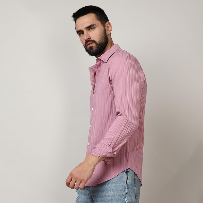 Campus Sutra Mens Salmon Pink Self-Design Striped Shirt for Casual Wear | Spread Collar |Long Sleeve | Button Closure | Shirt C