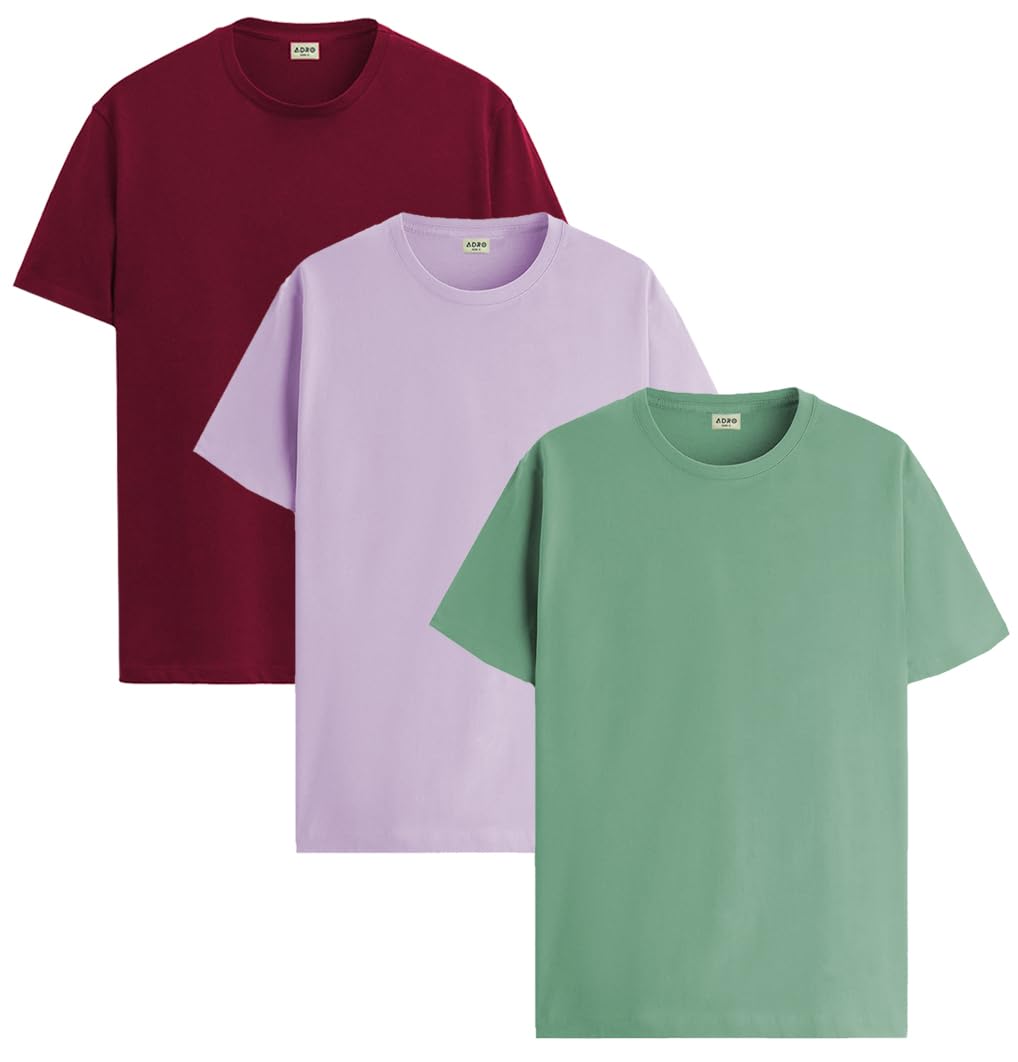ADRO Men's Solid Regular Fit T-Shirt (RCM3-PLN-PU-MR-PT_Purple,Maroon,Pista