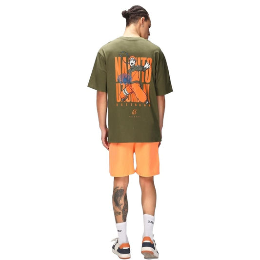 Bewakoof Mens Uzumaki NARUT-Shirt O Graphic Printed Cotton T-Shirt - Loose Fit, Crew Neck, Half Sleeves Green
