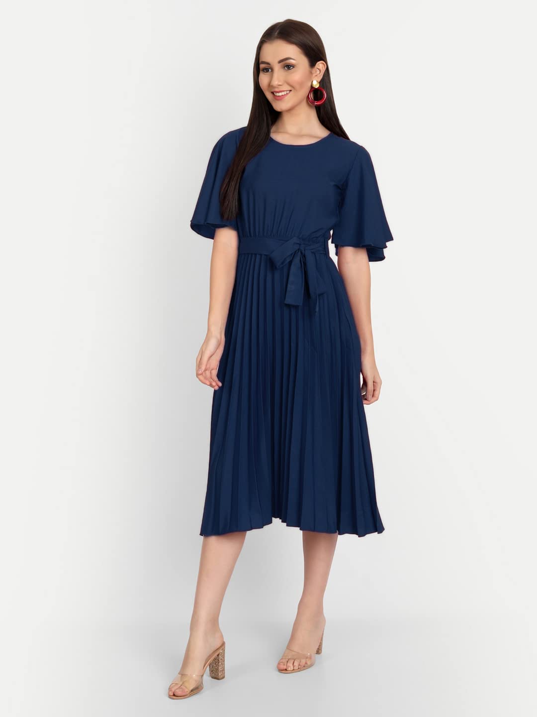 Kuduzo WomenS Crepe Midi Dress With Plated Style Round Neck Half Ruffle Sleeves Below Knee Length Solid Pattern And Regular Fit