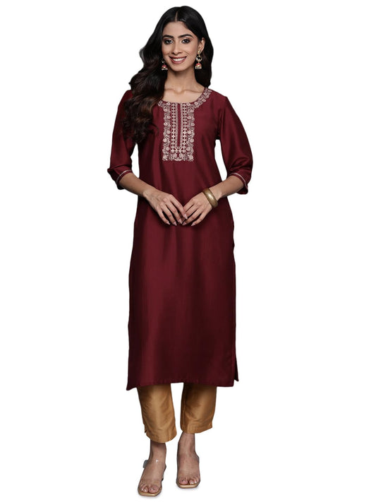 Libas Maroon Yoke Design Silk Straight Kurta