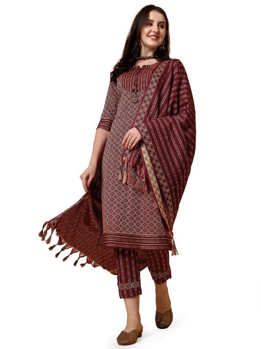NAINVISH Cotton Blend Kurti Pant & Dupatta | Kurta Set for Women | Women Kurta Pant Dupatta Set | Maroon Kurta Set for Women | Printed Kurta Pant Dupatta Set