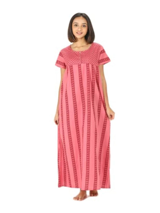 Evolove WomenS Cotton Long Maxi Night Gown Nighty Dress With Pocket & Stylish Button, Super Soft Comfortable (Pink & Red, Lngco