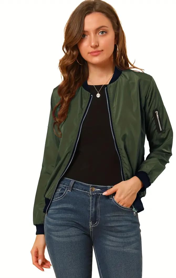 TAGAS Womens Solid Bomber Jacket  Lightweight Zip-Up Stylish Casual Wear  Full Sleeve Windcheater for Girls & Women