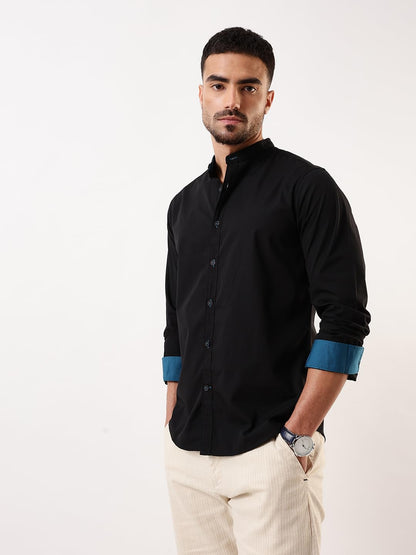 Dennis Lingo Men Black Solid Chinese Collar Full Sleeves Regular Fit Cotton Casual Shirt