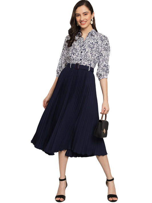 Kzully | Elegant A-Line Dress: Collared V-Neck Top, Pleated Skirt With Elastic Waist, Includes Belt Navy Blue