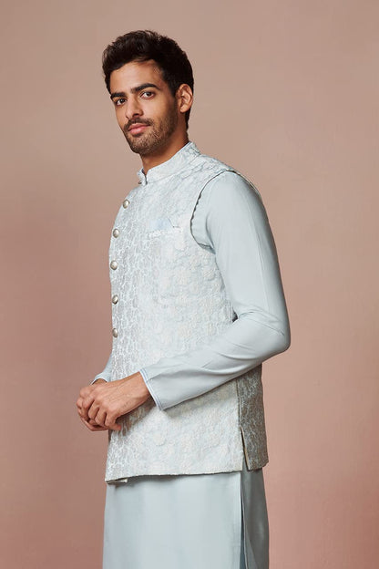 Manyavar Kurta Jacket Set For Men, Full Sleeves Mandarin Collar Ethnic Kurta Jacket Set For Festival, Wedding, Party Blended Vis
