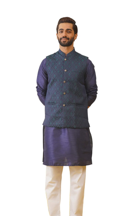 Jompers Mens Woven Design Nehru Jacket With Printed Kurta Pyjama Set