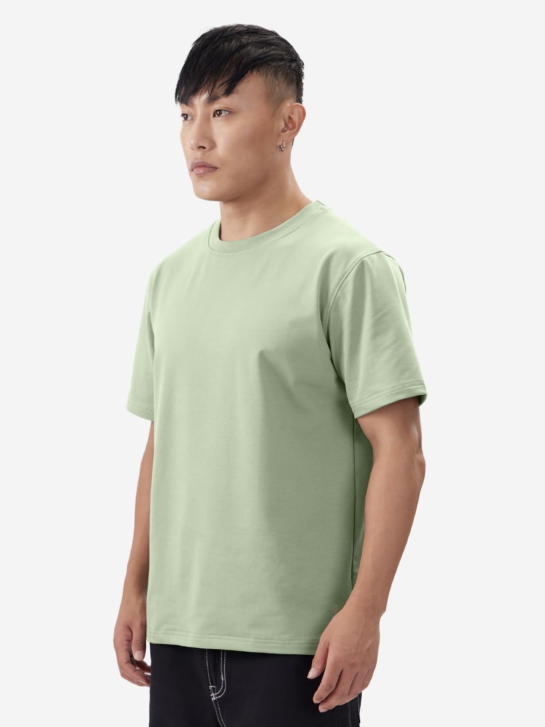 The Souled Store Solids: Serene Green Men and Boys Short Sleeves Round Neck Regular Fit Cotton Blend T-Shirts