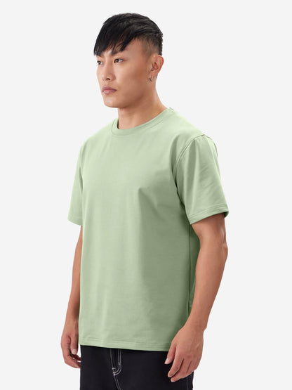 The Souled Store Solids: Serene Green Men and Boys Short Sleeves Round Neck Regular Fit Cotton Blend T-Shirts