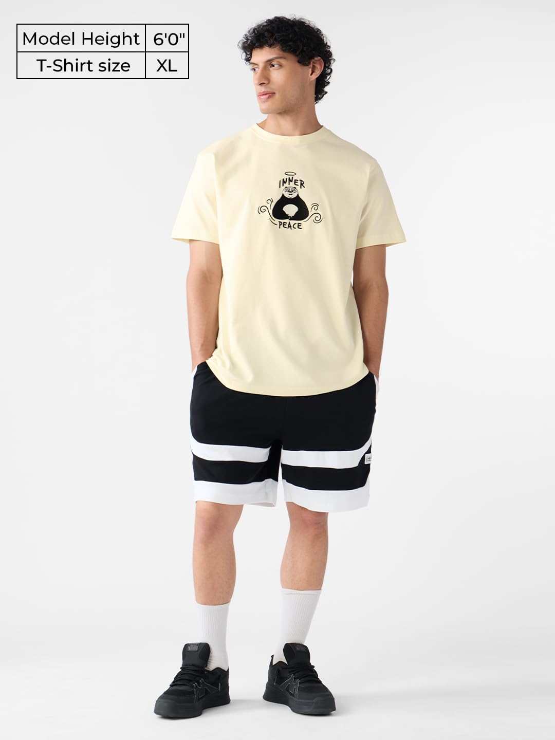 The Souled Store Textured T-Shirt: Kung Fu Panda Peace Men and Boys Short Sleeves Round Neck Off White Embroidered Regular Fit C