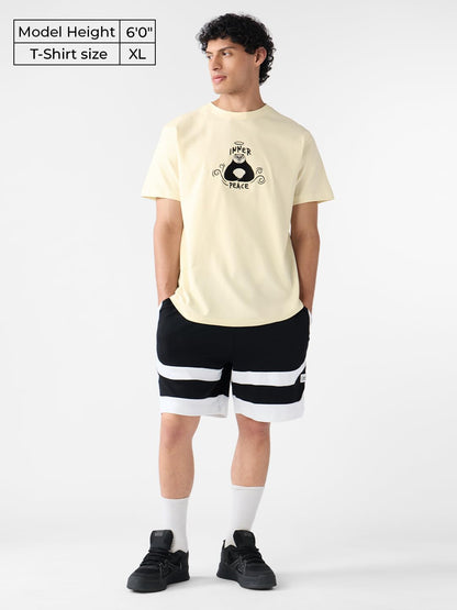 The Souled Store Textured T-Shirt: Kung Fu Panda Peace Men and Boys Short Sleeves Round Neck Off White Embroidered Regular Fit C