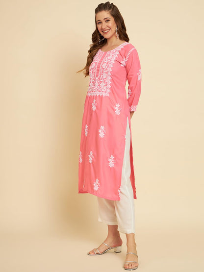 Vairagee WomenS Soft Slub Cotton Straight Cut Round Neck Kurta With Beautiful Lucknowi Chickenkari Work (1571) Pink