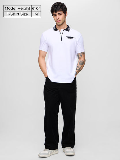 The Souled Store Batman: Dark Knight Men and Boys Short Sleeves Collared Neck White Embroidered Cotton Blend Regular Fit Zipper
