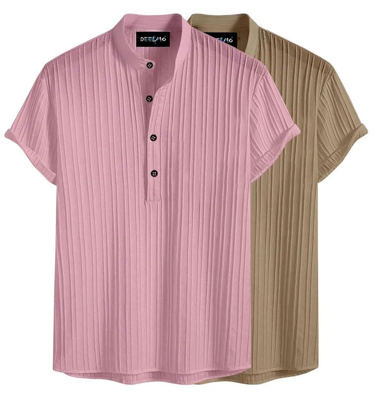 Deelmo Combo Of MenS Polyster Kurta With Mandarin Collar, Half Placket Buttons, Front Pocket | Half Sleeves | Soft & Breathable