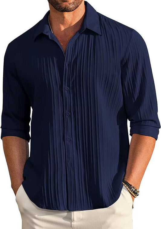 CB-COLEBROOK Mens Casual Button Down Shirts Long Sleeve Linen Shirt Fashion Textured Beach Summer Shirt (in, Alpha, S, Regular,