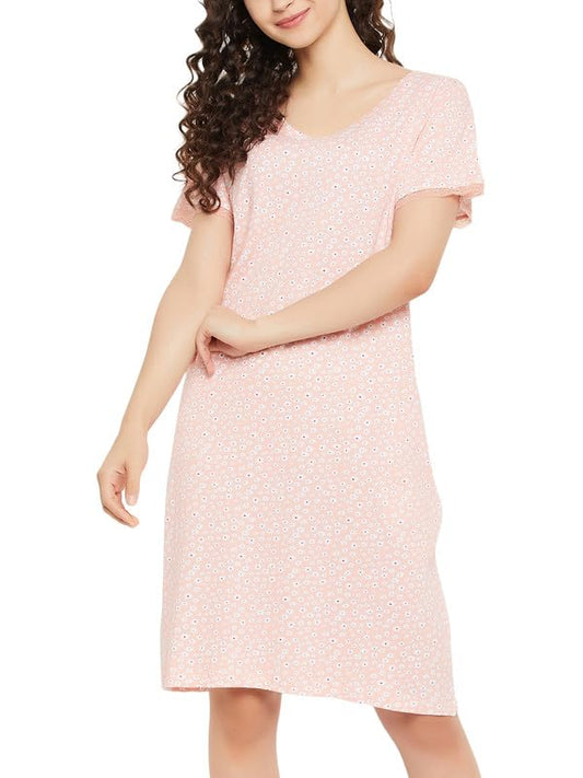 Clovia Womens Modal Printed Short Night Dress (NS1469R34_Peach_XXL)