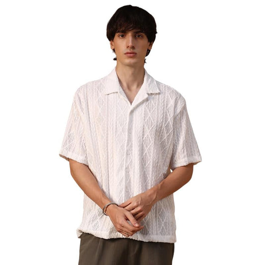 Campus Sutra Mens Daisy White Argyle-Textured Oversized Shirt for Casual Wear | Cuban Collar | Short Sleeve | Button Closure |