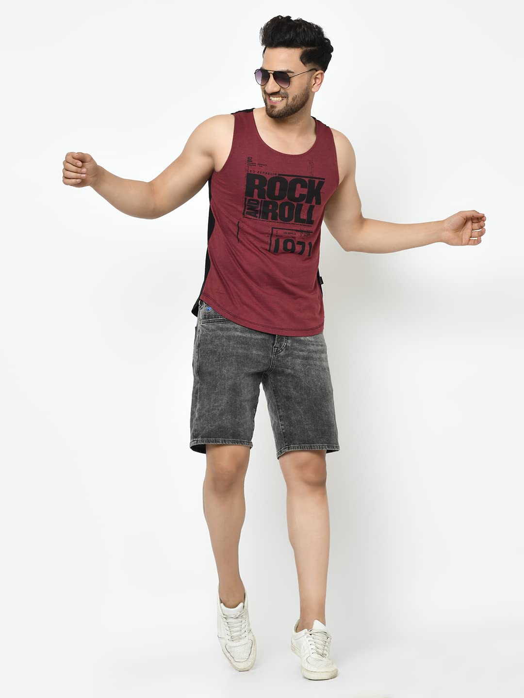 Rigo Men Maroon Black Placement Print with Curved Bottom Cotton Sleeveless T-Shirt Vest | Round Neck Sleeveless Vest