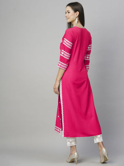Gosriki WomenS Cotton Blend Chikankari Embroidered Straight Kurta (Stho-Pink-Gs_Xxl_Pink_Xx-Large)