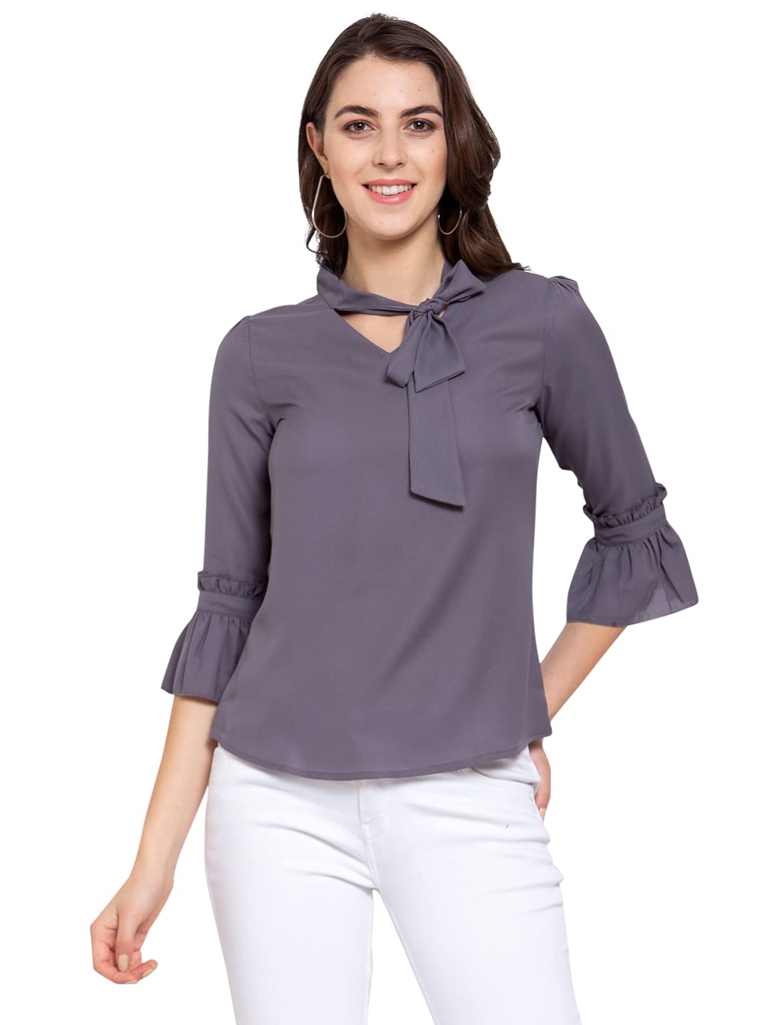 Style Quotient Women Solid Grey Polymoss Regular Smart Casual Top