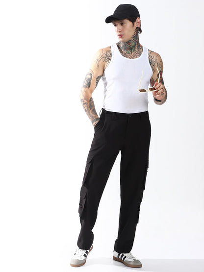 Hubberholme Men Solid Relaxed Fit Mid-Rise Korean Trousers 19 Black