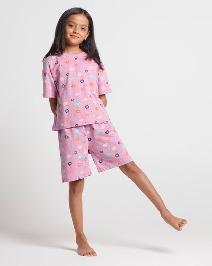 T2F Girls Cotton Printed Oversized Fit T-Shirt and Shorts Clothing Set (Pack of 3)