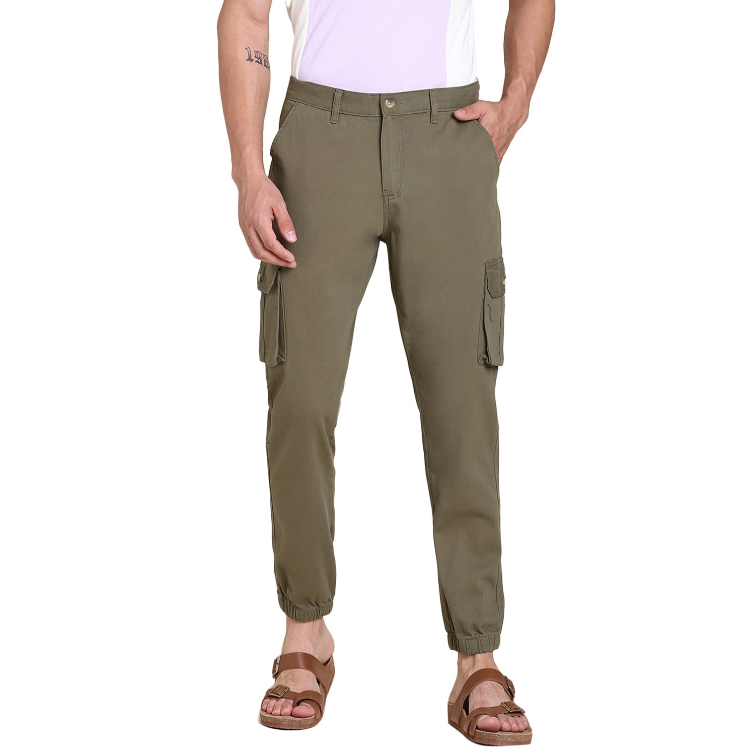 Dennis Lingo Slim Fit Light Olive Solid Cargo Jogger for Men