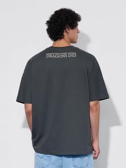 The Souled Store House of The Dragon: Fire & Blood Men and Boys Short Sleeves Round Neck Grey Graphic Printed Cotton Oversized T