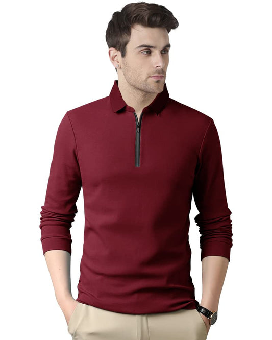 Noble Monk MenS Polo Neck Full Sleeves Solid T-Shirt Wine Red