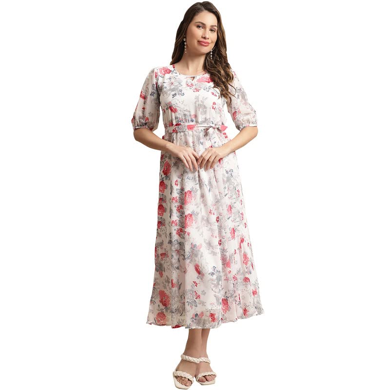 Preneum WomenS Maxi Fit & Flare Print Georgette Regular Sleeves Casual |Summer |Latest Style |Festival & Occasion Maxi Gown(Max