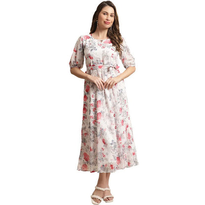 Preneum WomenS Maxi Fit & Flare Print Georgette Regular Sleeves Casual |Summer |Latest Style |Festival & Occasion Maxi Gown(Max