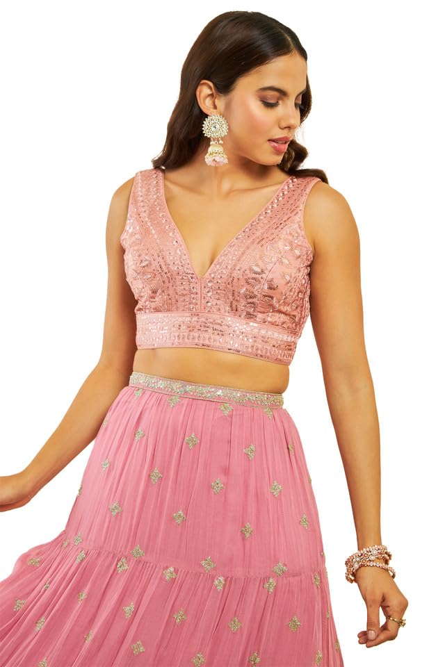 Soch Womens Peach Net Sequin Embellished V-Neck Back-Open Sleeveless Blouse