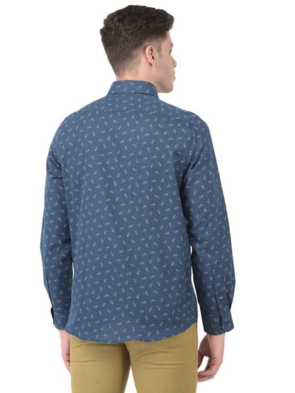 Turtle Men Cotton Linen Dark Blue Slim Fit Printed Shirts
