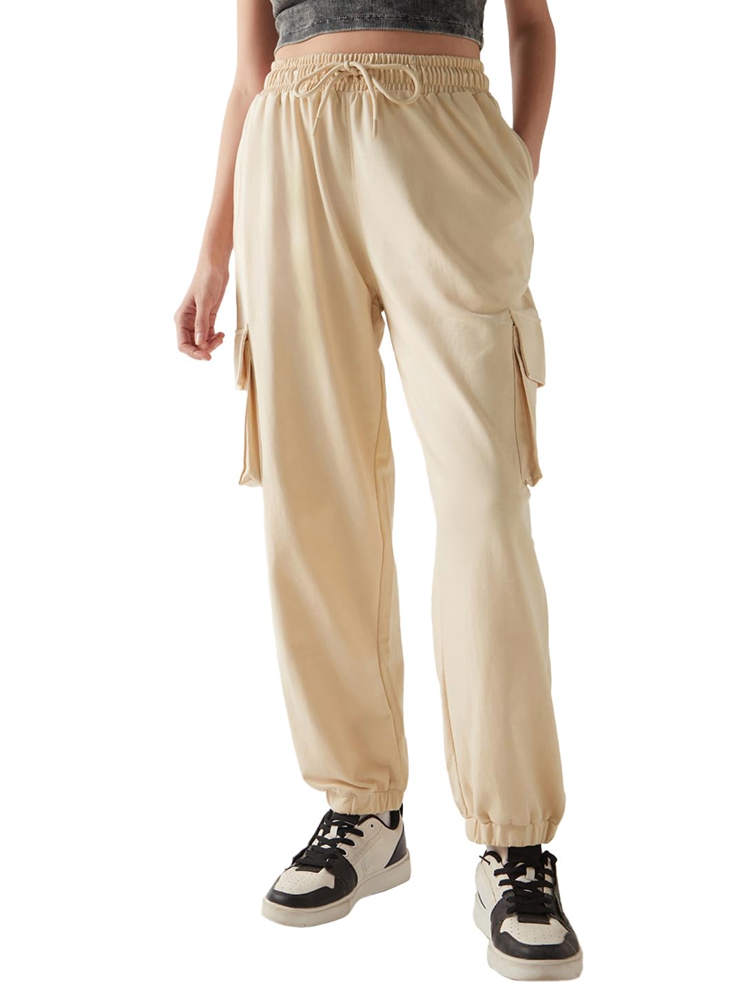 Bewakoof Womens Mid Rise Air 1.0 Solid Super Loose Fit Terry Cargo Joggers_648300_Beige_XL