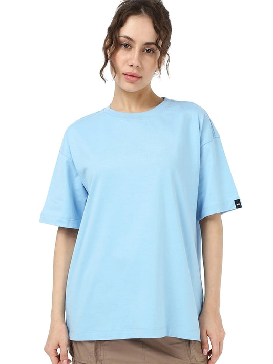 Bewakoof WomenS Solid Oversized Fit Half Sleeve Round Neck Cotton Jersey T-Shirt_646275_Blue_S