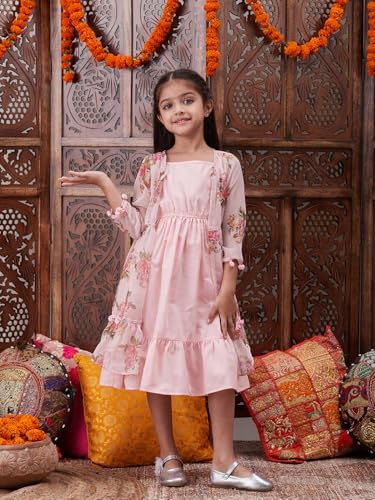 Pspeaches Girls Shoulder Straps Cotton Ethnic Dress with Printed Jacket Peach