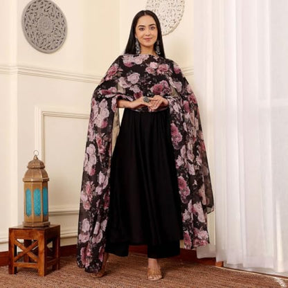 Toochki WomenS Black Rayon Fit & Flared Ethnic Gown With Dupatta For Women | Ethnic Gowns Set | Ethnic Anarkali Set | Dress For