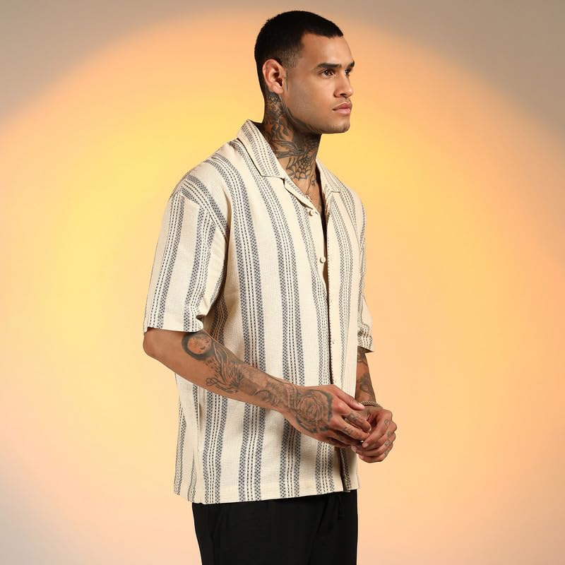 Campus Sutra Mens Saltbox Beige Woven Striped Oversized Shirt for Casual Wear | Cuban Collar | Short Sleeve | Button Closure |