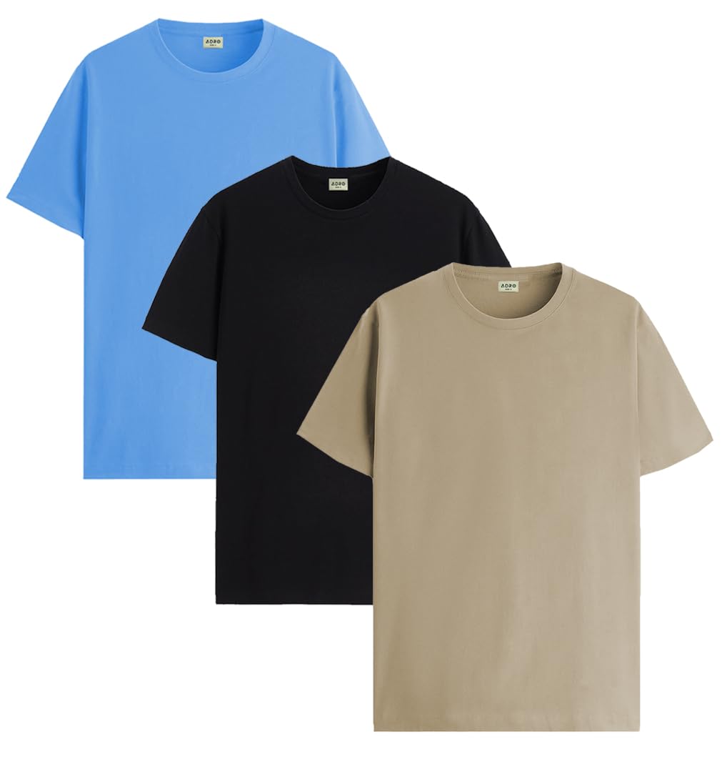 ADRO Mens Solid Regular Fit T-Shirt (RCM3-PLN-BL-BE-SK_Black,Beige,Sky Blue