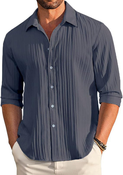 CB-COLEBROOK Mens Casual Button Down Shirts Long Sleeve Linen Shirt Fashion Textured Beach Summer Shirt (in, Alpha, S, Regular,