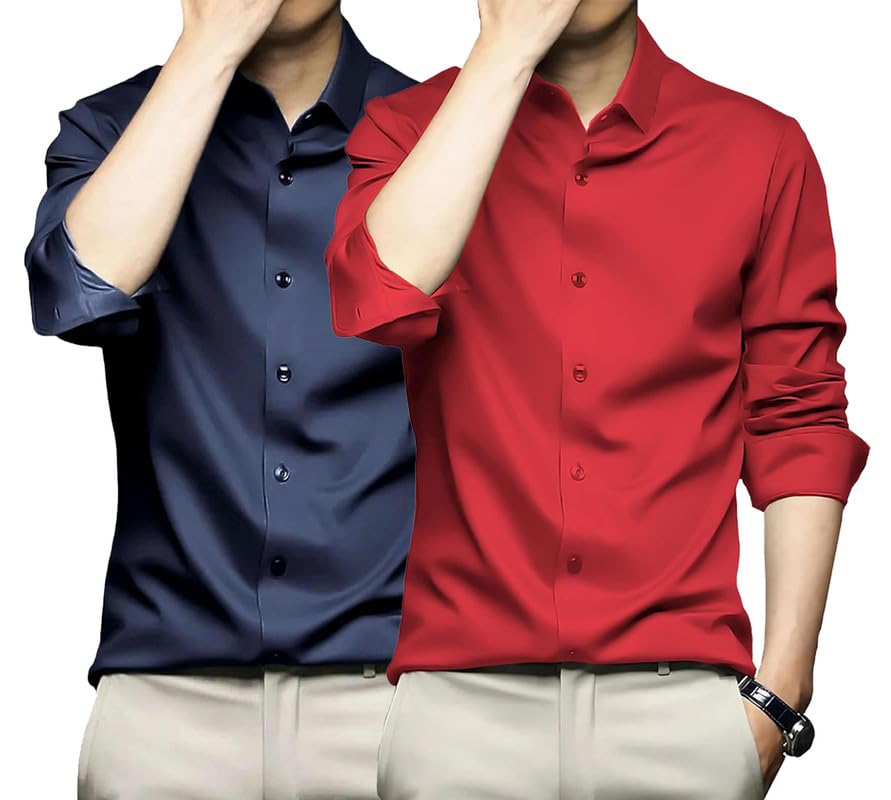 Deelmo Combo Of MenS Stylish Solid Satin Casual Shirt For Men Full Sleeves| Poly Satin Silk Shirt Pack Of 2 Navy-Red