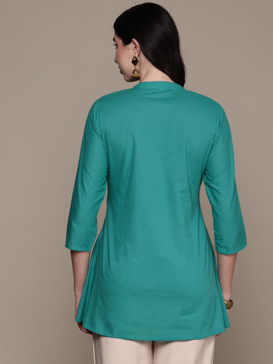 anubhutee Women's Pure Cotton Embroidered Turquoise Blue Straight Kurti