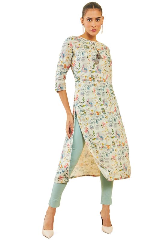 Soch Womens Beige Linen Kurta With Floral Print And Tassels